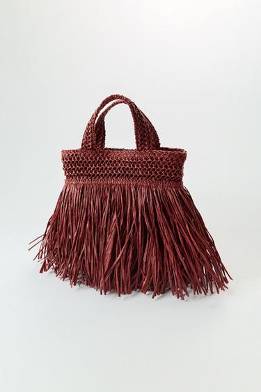 Zara FRINGED MINI HANDBAG - Burgundy Red