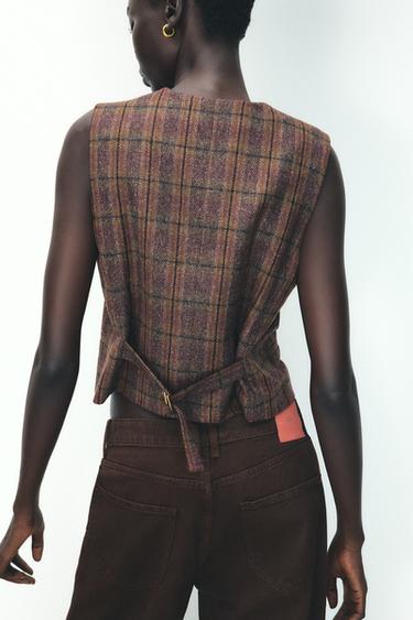 CHECK WAISTCOAT WITH VENTS - Burgundy by Zara