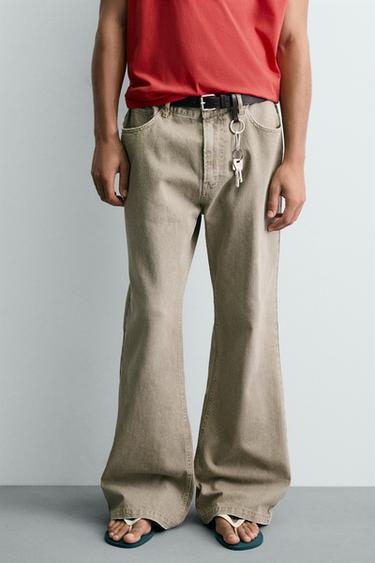 FLARE FIT TEXTURED COTTON TROUSERS - Beige by Zara - Image 1