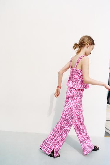 PRINTED STRAIGHT-LEG LINEN BLEND TROUSERS - Pink / White by Zara