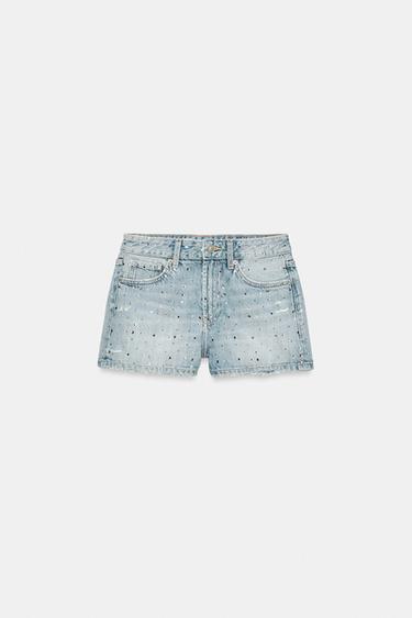 TRF MID-RISE EMBELLISHED DENIM SHORTS — Light blue 1