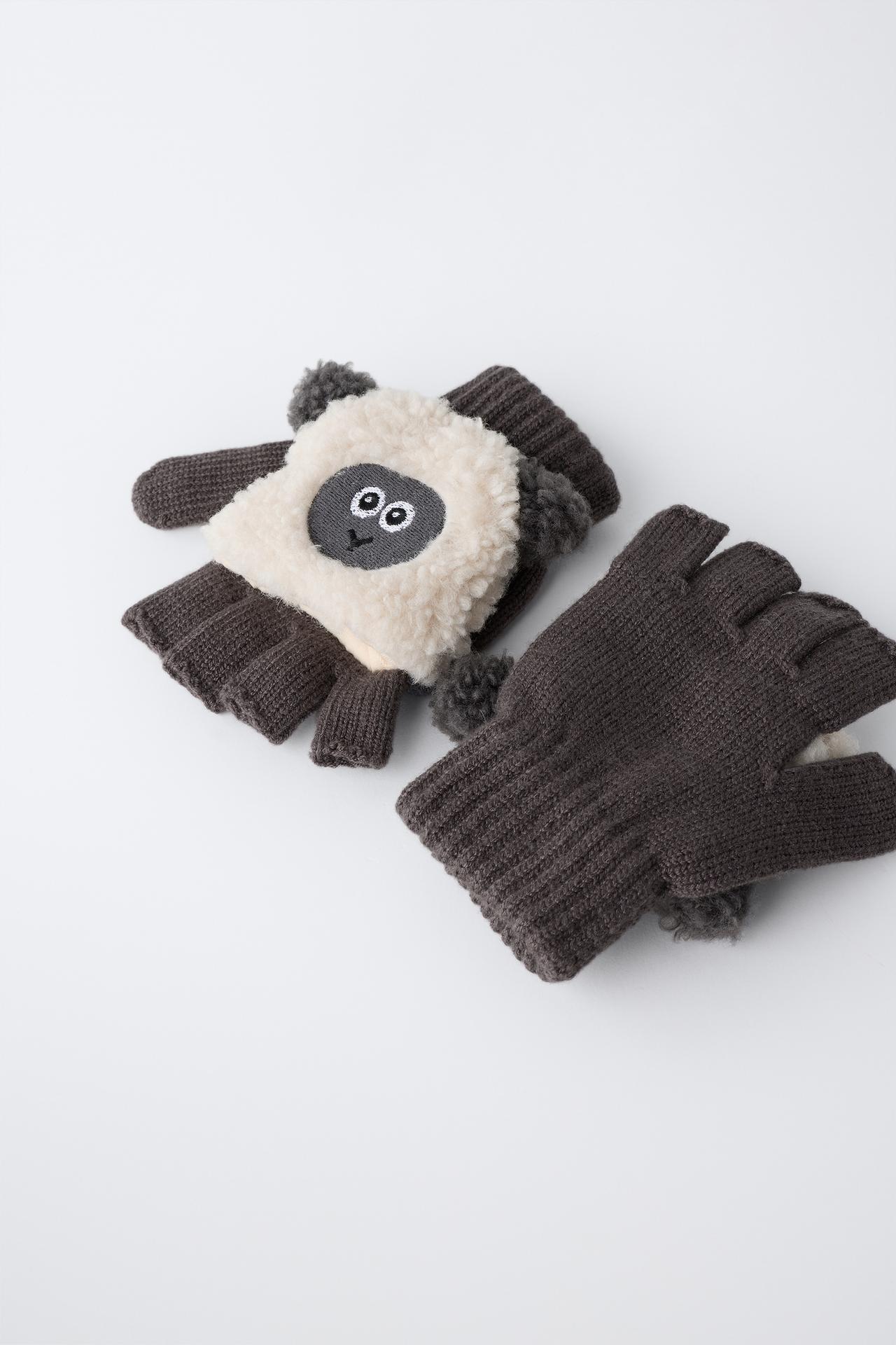 LAMB EMBROIDERY CONVERTIBLE MITTENS — Anthracite grey