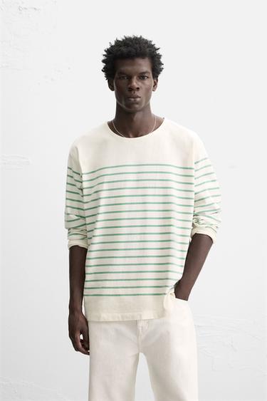 Zara STRIPED JACQUARD T-SHIRT - Oyster-white