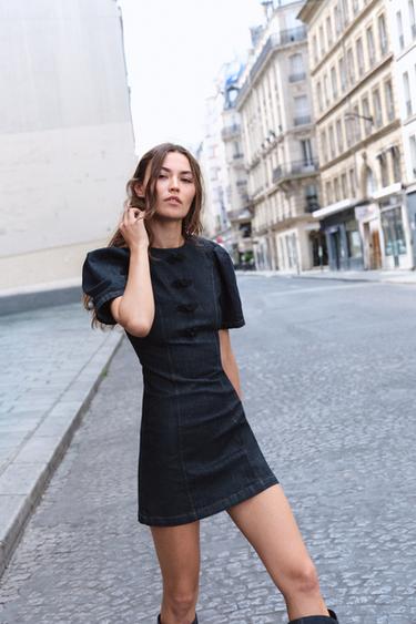 Z1975 DENIM MINI DRESS WITH FROG FASTENING - Blue by Zara