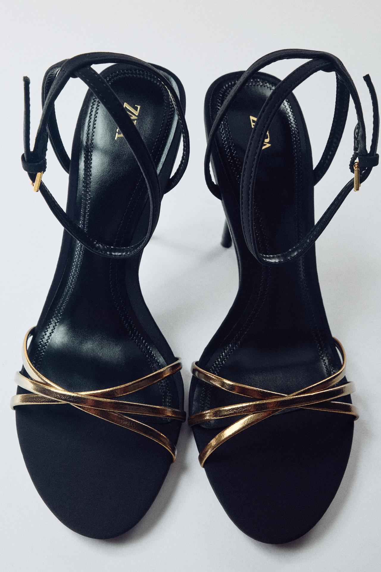 METALLIC STRAP HEELED SANDALS — Black