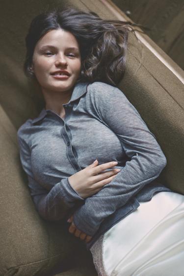 100% WOOL POLO CARDIGAN - Grey by Zara