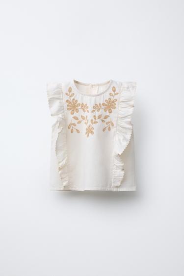LINEN SHIRT WITH FLORAL EMBROIDERY - Ecru by Zara
