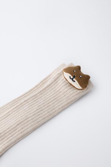 Zara LONG RIBBED SOCKS WITH ANIMAL DETAIL - Ecru