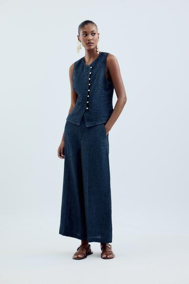 Zara DOUBLE BREASTED LINEN VEST - Indigo - Image 0