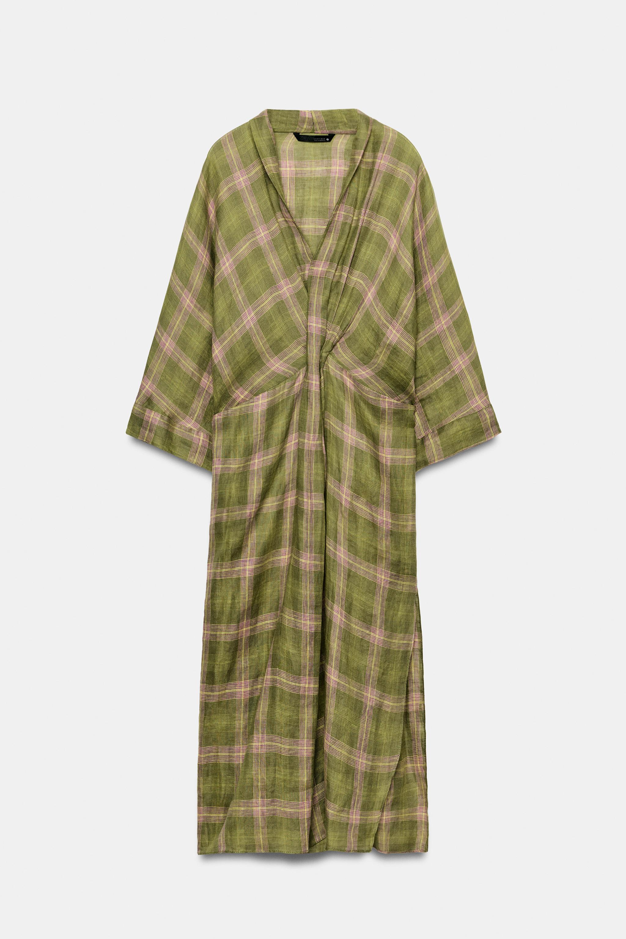 ZWコレクション リネンチェック柄ワンピース - グリーン | ZARA Japan