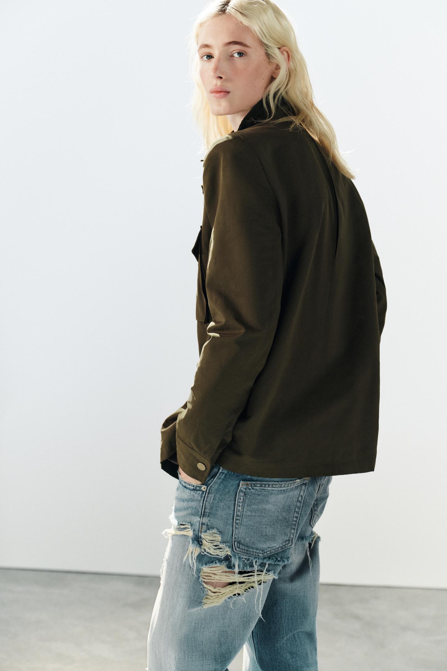 Женская куртка Zara Jacket with Shoulder Pads and Pockets, цвет: Хаки — фото 4