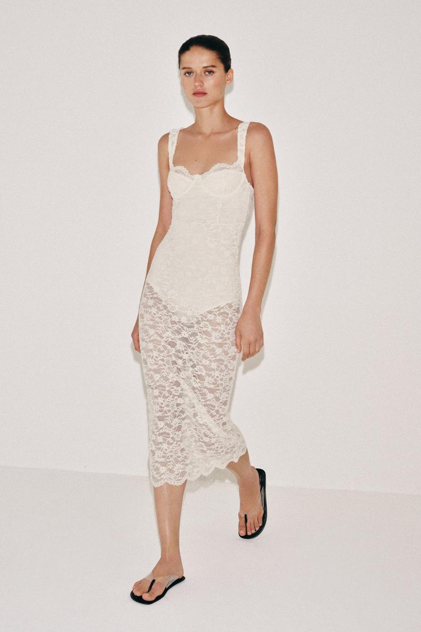 Zara - Lace Midi Dress - Ecru - L - Woman