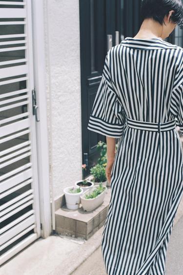 STRIPED LINEN BLEND MIDI DRESS - Blue/White by Zara