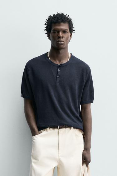Zara 100% LINEN KNIT HENLEY SHIRT - Navy blue