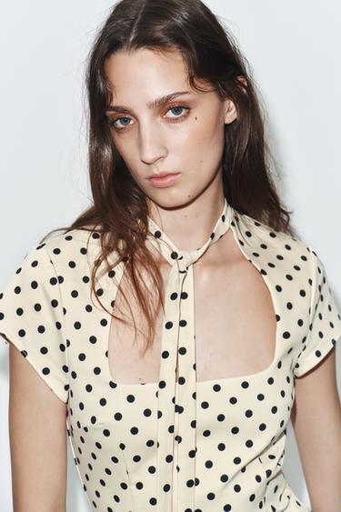 POLKA DOT SHORT DRESS WITH TIE DETAIL - Ecru / Black by Zara