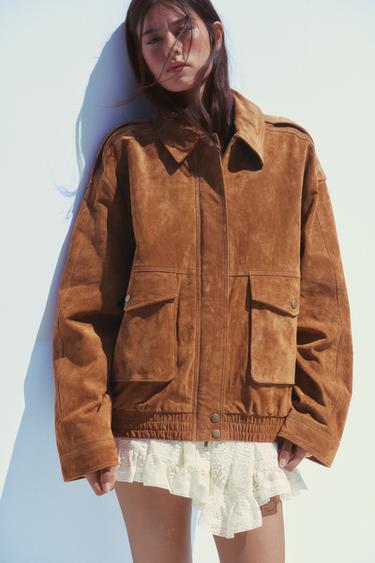 Zara 100% SUEDE BOMBER JACKET WITH POCKETS - Dark camel