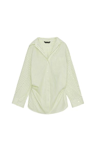 Front view of a vertically striped shirt in light tones with a collar and full button closure.