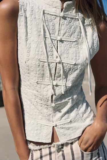 TOP WITH CUTWORK EMBROIDERY AND FROG FASTENING - Ecru by Zara
