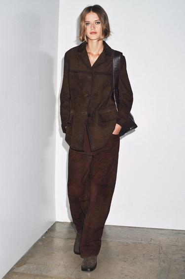 ZW COLLECTION LIMITED EDITION 100% SUEDE LEATHER BLAZER - Chocolate by Zara - Image 3