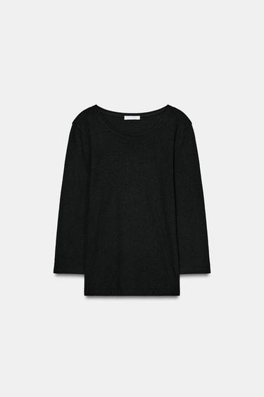LINEN BLEND WASHED-EFFECT T-SHIRT - Black by Zara