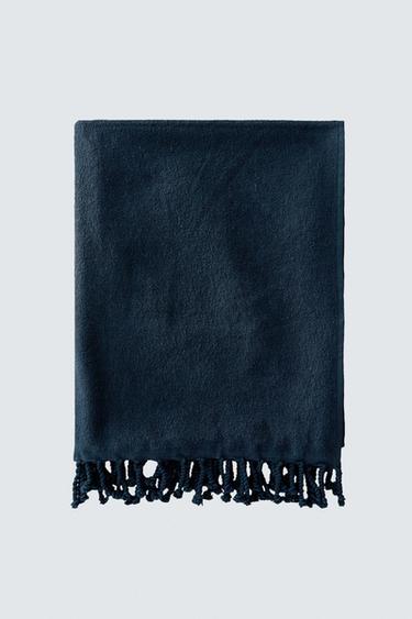 COTTON BEACH TOWEL WITH FRINGE — Navy blue 1