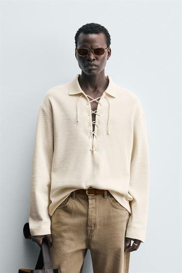 TEXTURED DRAWSTRING POLO SHIRT - Oyster-white by Zara