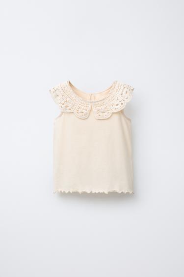 Zara CROCHET COLLAR T-SHIRT - Ecru