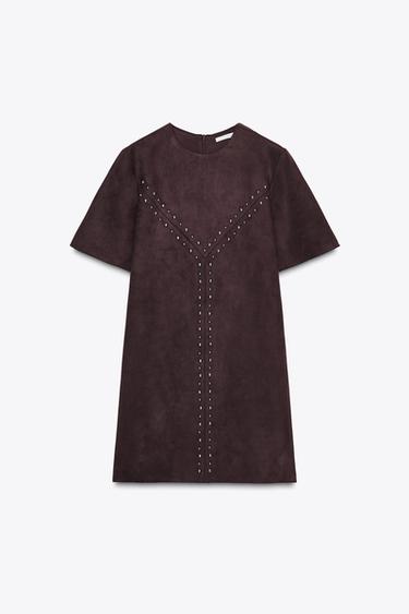STUDDED FAUX SUEDE DRESS - Dark brown by Zara