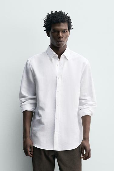 Zara REGULAR FIT COTTON-LINEN SHIRT - White