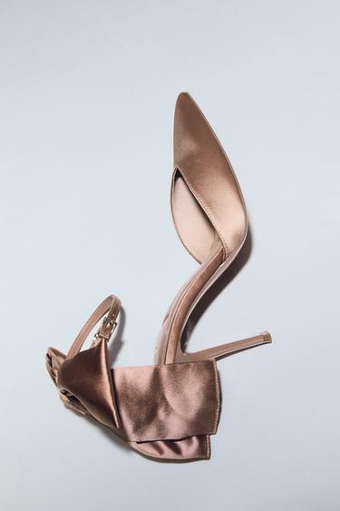 Zara 緞面蝴蝶結高跟鞋 - 米色