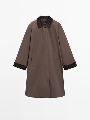 Zara Long waxed parka with corduroy detail - Brown