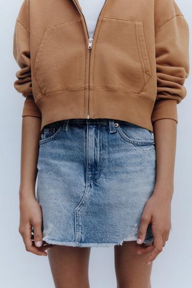 Zara RIPPED FRAYED DENIM SKIRT - Blue