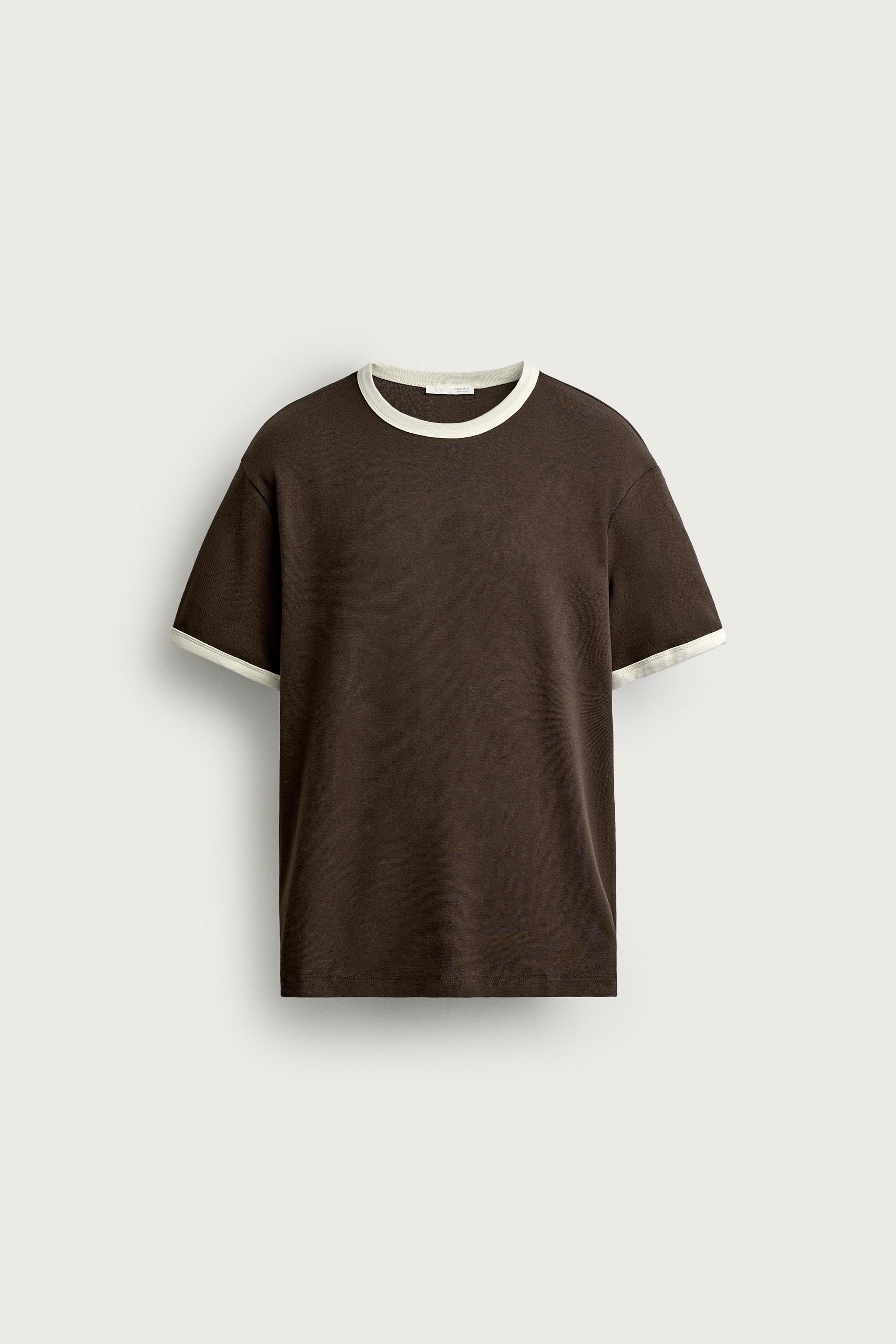 RINGER BASIC CONTRAST RIB T-SHIRT — Brown
