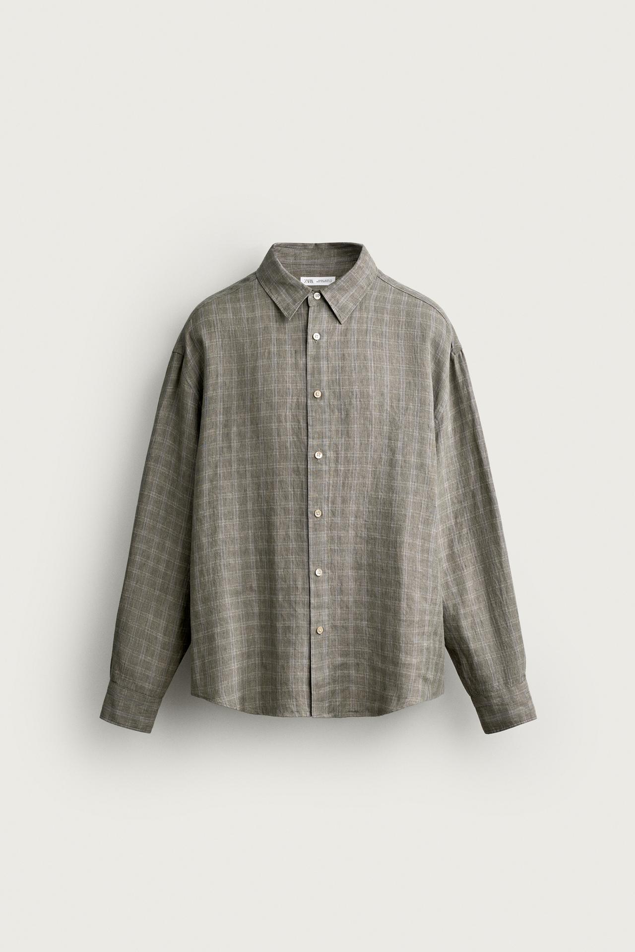 100% LINEN CHECKED SHIRT — Gray green