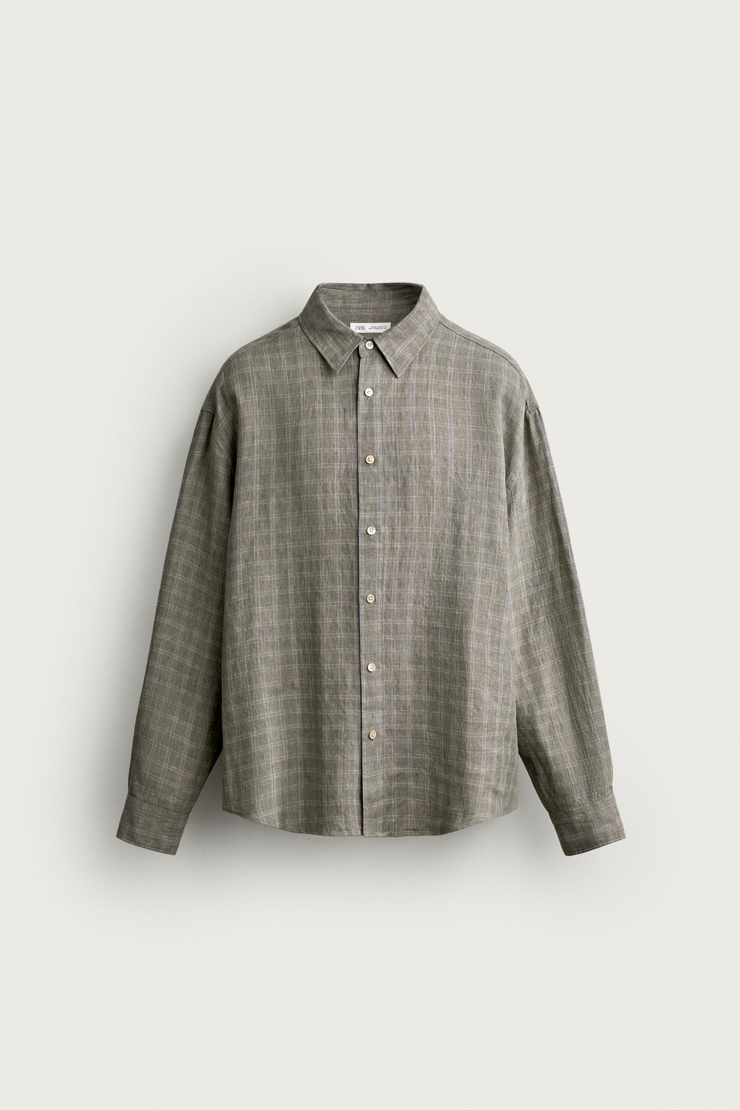 Мужская рубашка Zara 100% Linen Checked, цвет: Серый зелёный — фото 7