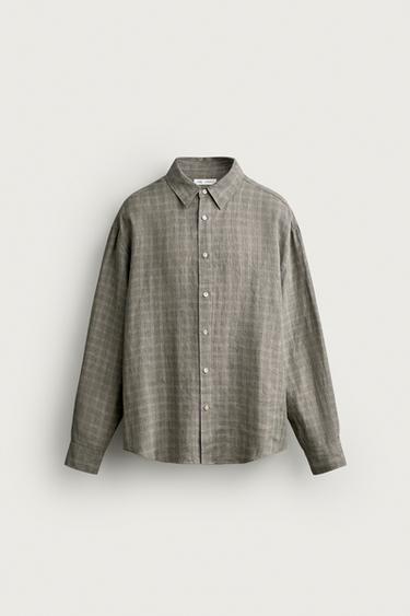 100% LINEN CHECKED SHIRT — Gray green 1