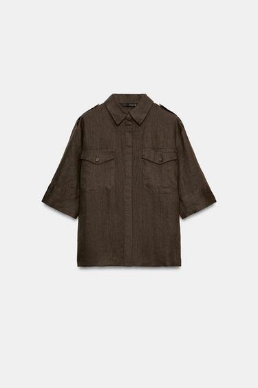 ZW COLLECTION LINEN SHIRT WITH POCKETS - Mink by Zara