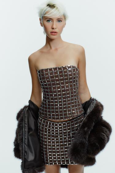 SHIMMER MESH BANDEAU TOP - Brown by Zara