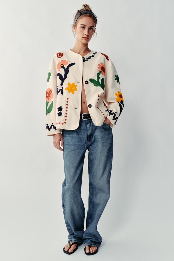 FLORAL EMBROIDERY JACKET - Ecru by Zara - Image 0