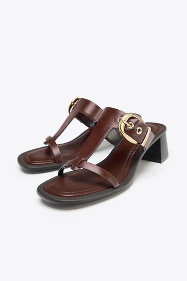 SANDALES EN CUIR À TALONS LARGES - Marron de Zara - Image 3