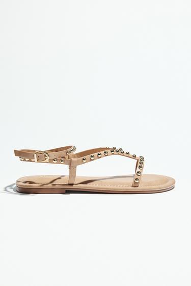 Zara 金屬珠飾絆帶涼鞋 - 米色