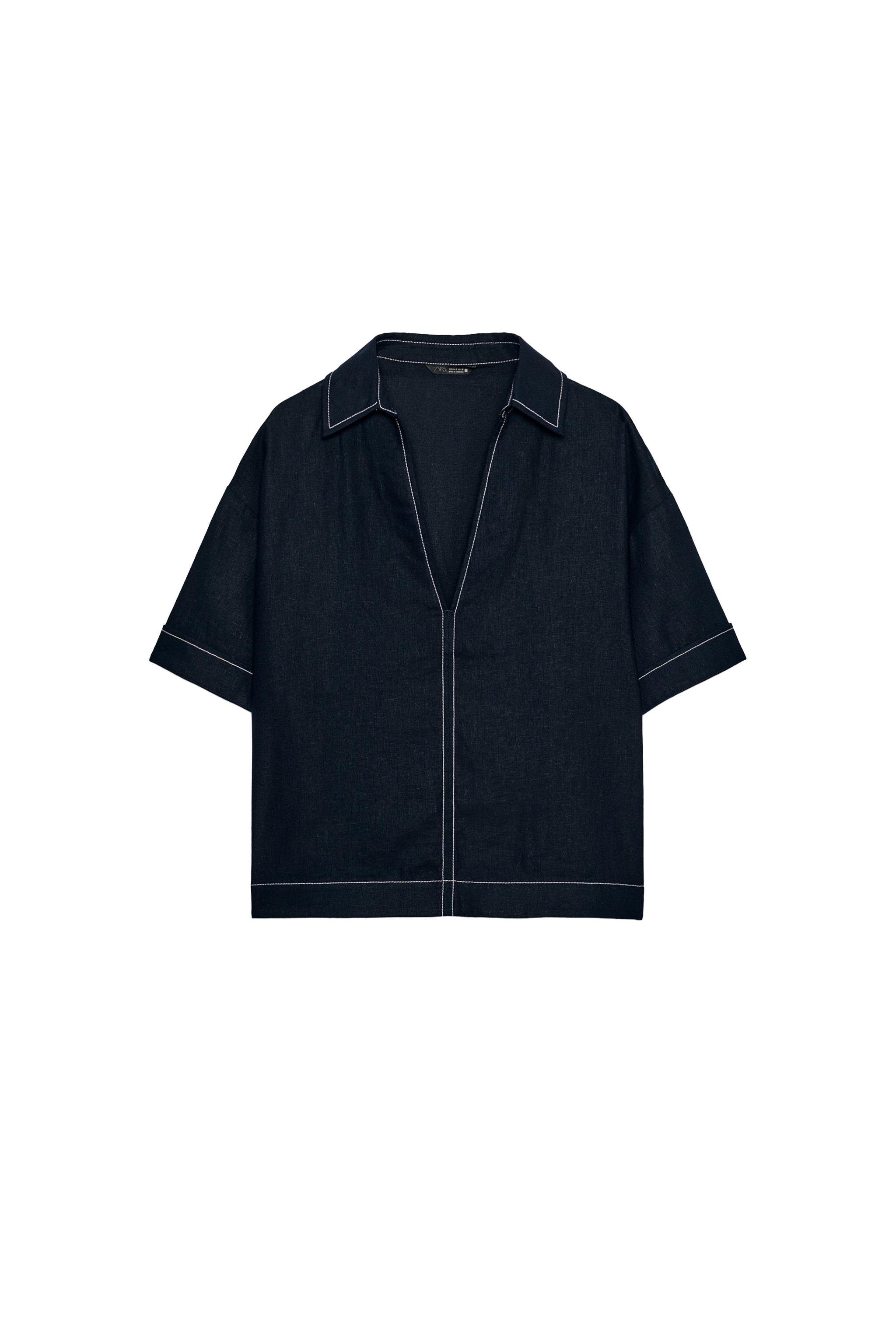 LINEN TOP WITH CONTRAST PIPING - Navy blue | ZARA Canada
