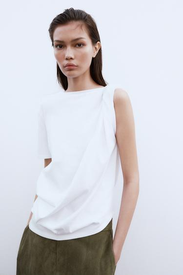 GATHERED SHOULDER T-SHIRT - White by Zara - Image 3