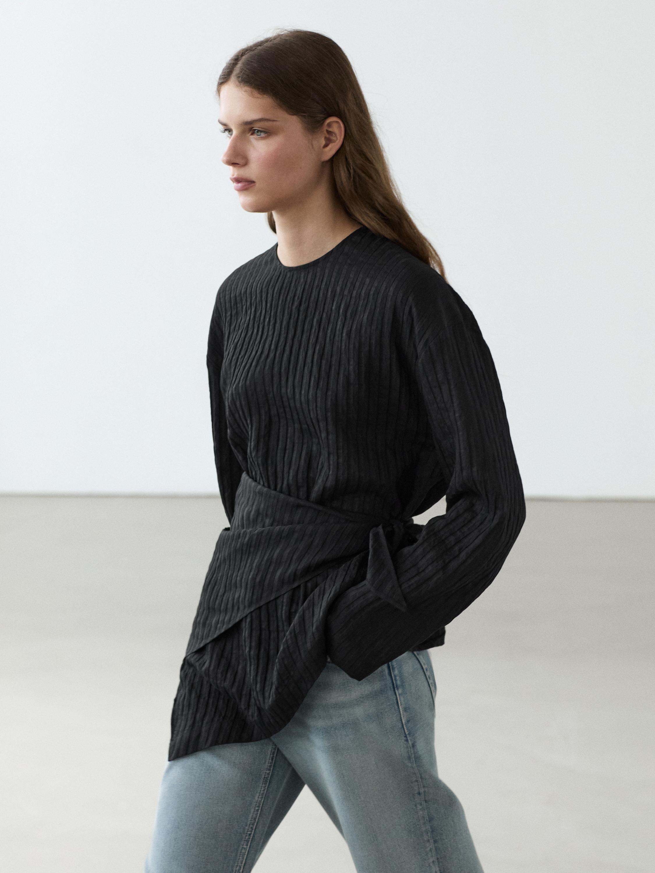 Striped flowing shirt with scarf detail — Black