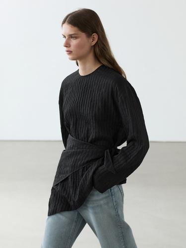 Striped flowing shirt with scarf detail — Black 2