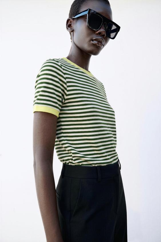 CAMISETA RAYAS MANGA CORTA - Verde / Crudo de Zara - Imagen 0