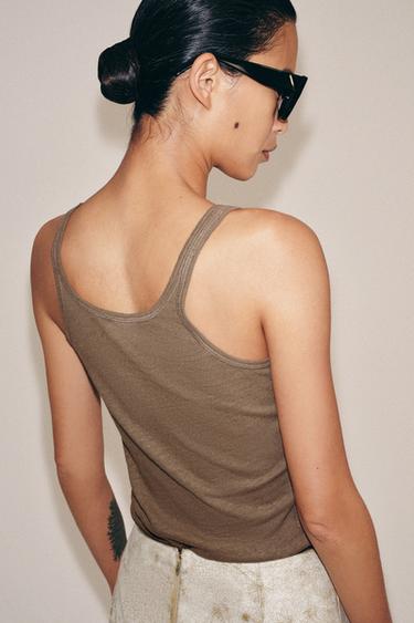 COTTON & LINEN STRAPPY TOP - Light brown by Zara - Image 1