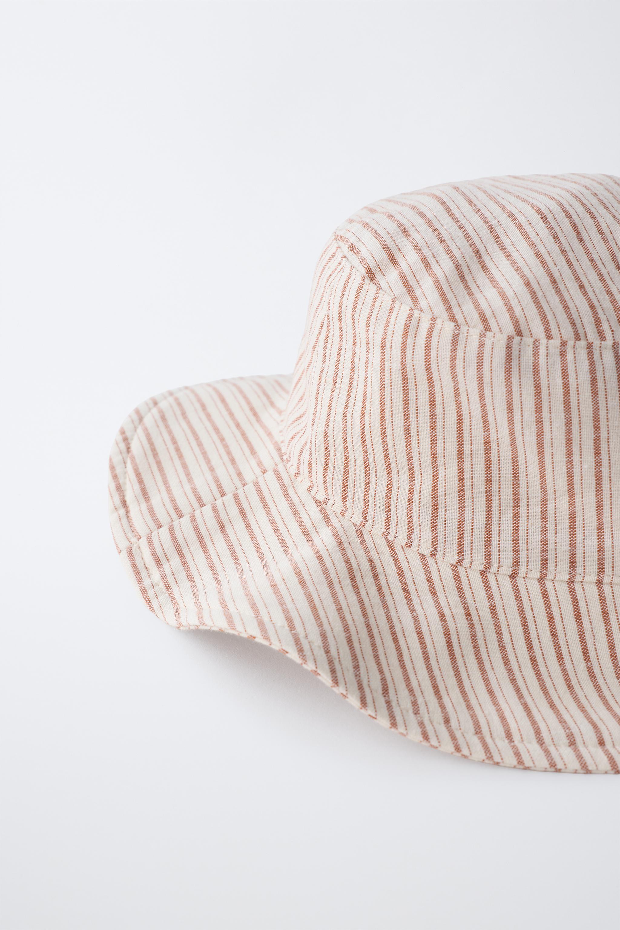 STRIPED COTTON BLEND AND LINEN BUCKET HAT — Russet