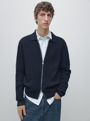 Zara Ribbed knit cotton and wool cardigan with zip - Navy blue