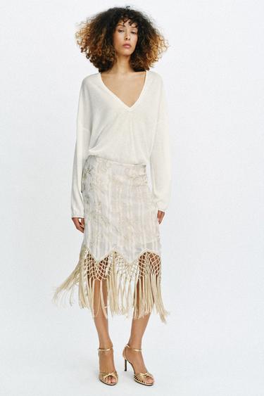 JUPE BRODERIES FRANGES ZW COLLECTION - Écru de Zara